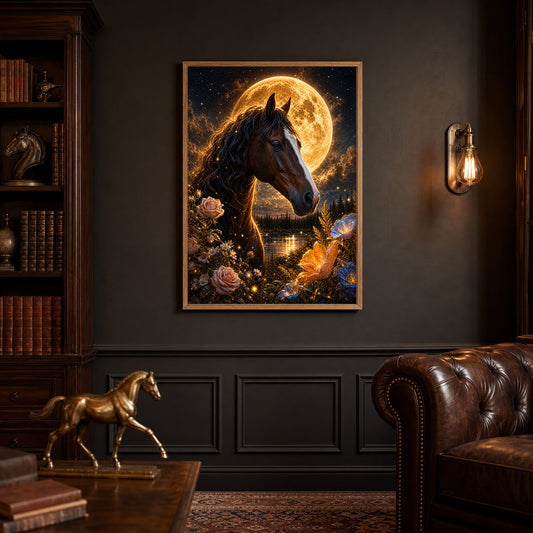 Horse Portrait Golden Moon Floral Night Poster Print