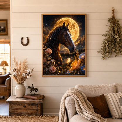 Horse Portrait Golden Moon Floral Night Poster Print