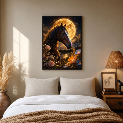Horse Portrait Golden Moon Floral Night Poster Print