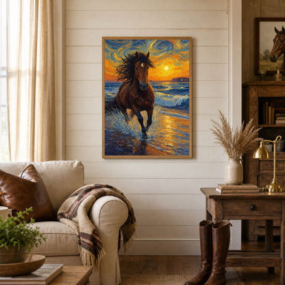 Horse Running on Beach Impasto Oil Painting Poster Print