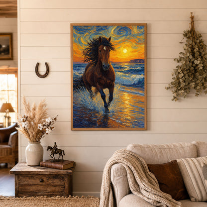 Horse Running on Beach Impasto Oil Painting Poster Print