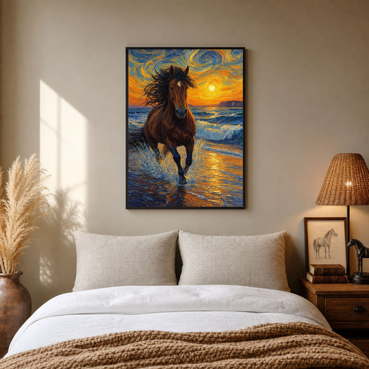 Horse Running on Beach Impasto Oil Painting Poster Print