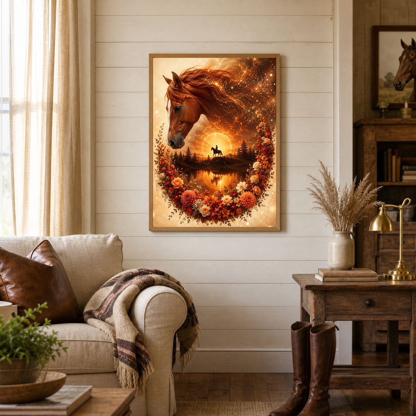 Horse and Cowboy Floral Sunset Fantasy Poster Print