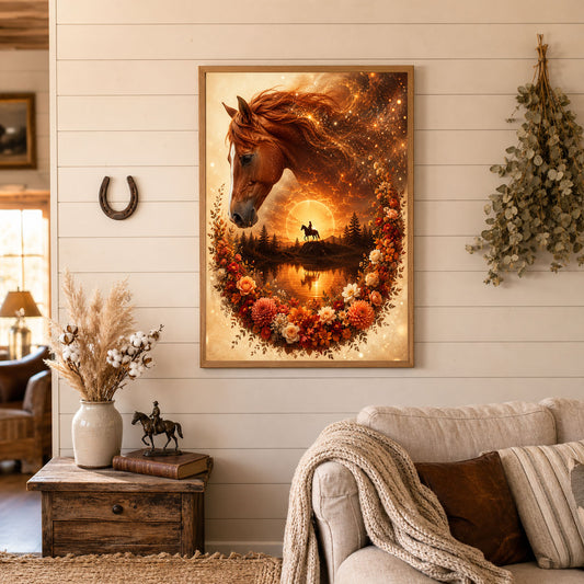 Horse and Cowboy Floral Sunset Fantasy Poster Print
