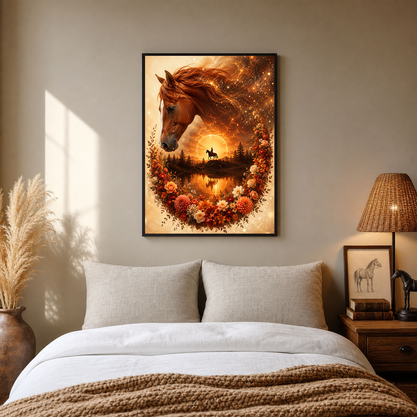 Horse and Cowboy Floral Sunset Fantasy Poster Print