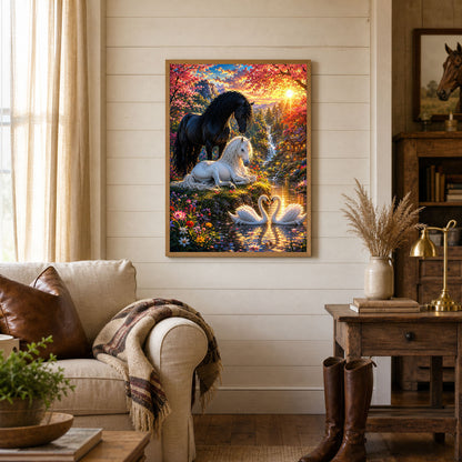 Horses and Swans Fantasy Garden Sunset Poster Print