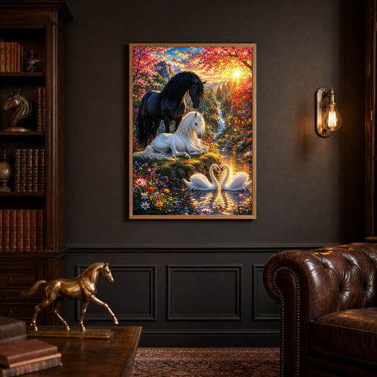 Horses and Swans Fantasy Garden Sunset Poster Print