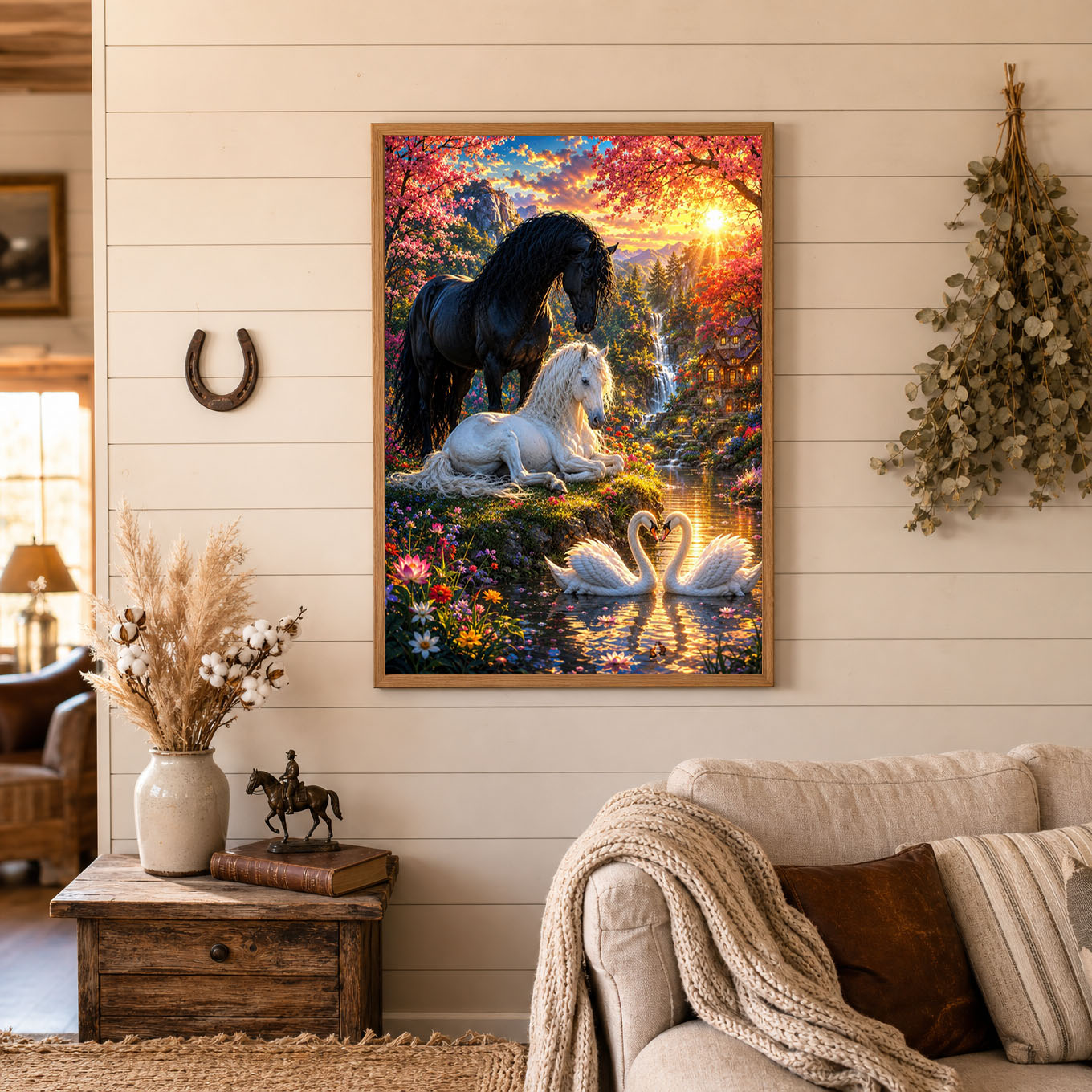 Horses and Swans Fantasy Garden Sunset Poster Print