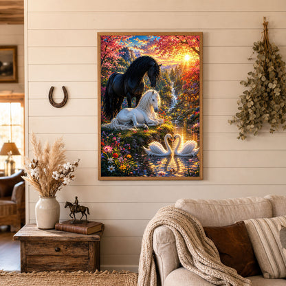 Horses and Swans Fantasy Garden Sunset Poster Print