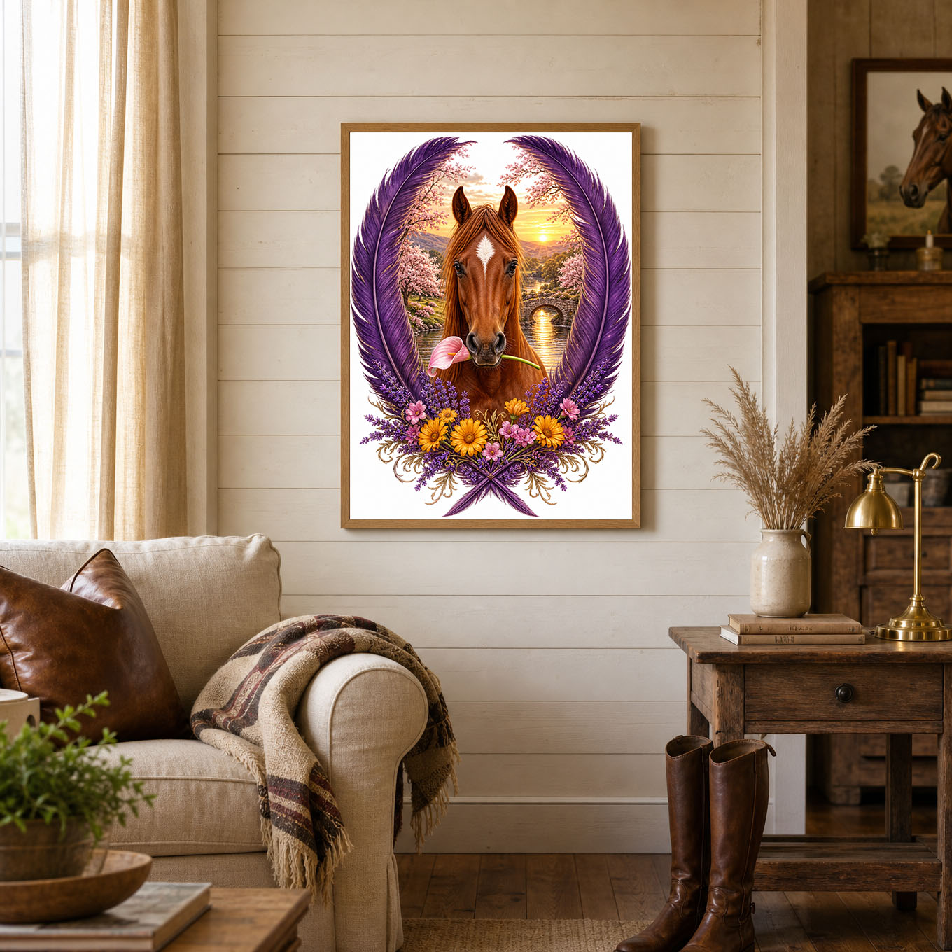 Horse with Flower Purple Feather Wreath Poster Print