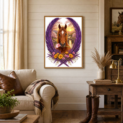 Horse with Flower Purple Feather Wreath Poster Print