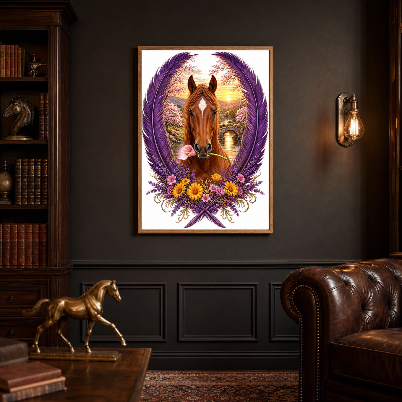 Horse with Flower Purple Feather Wreath Poster Print