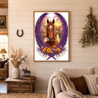 Horse with Flower Purple Feather Wreath Poster Print