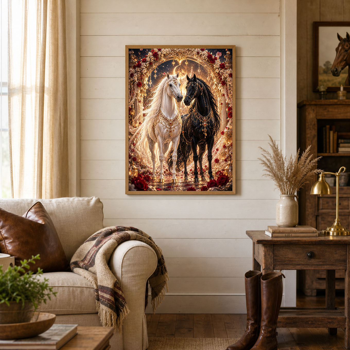 Royal Black and White Horses Golden Arch Poster Print