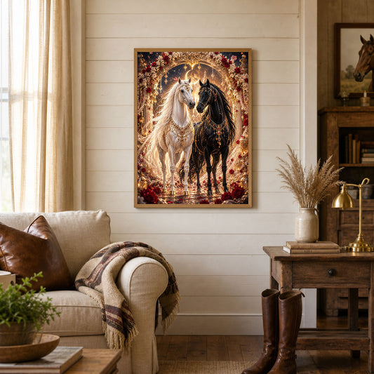 Royal Black and White Horses Golden Arch Poster Print