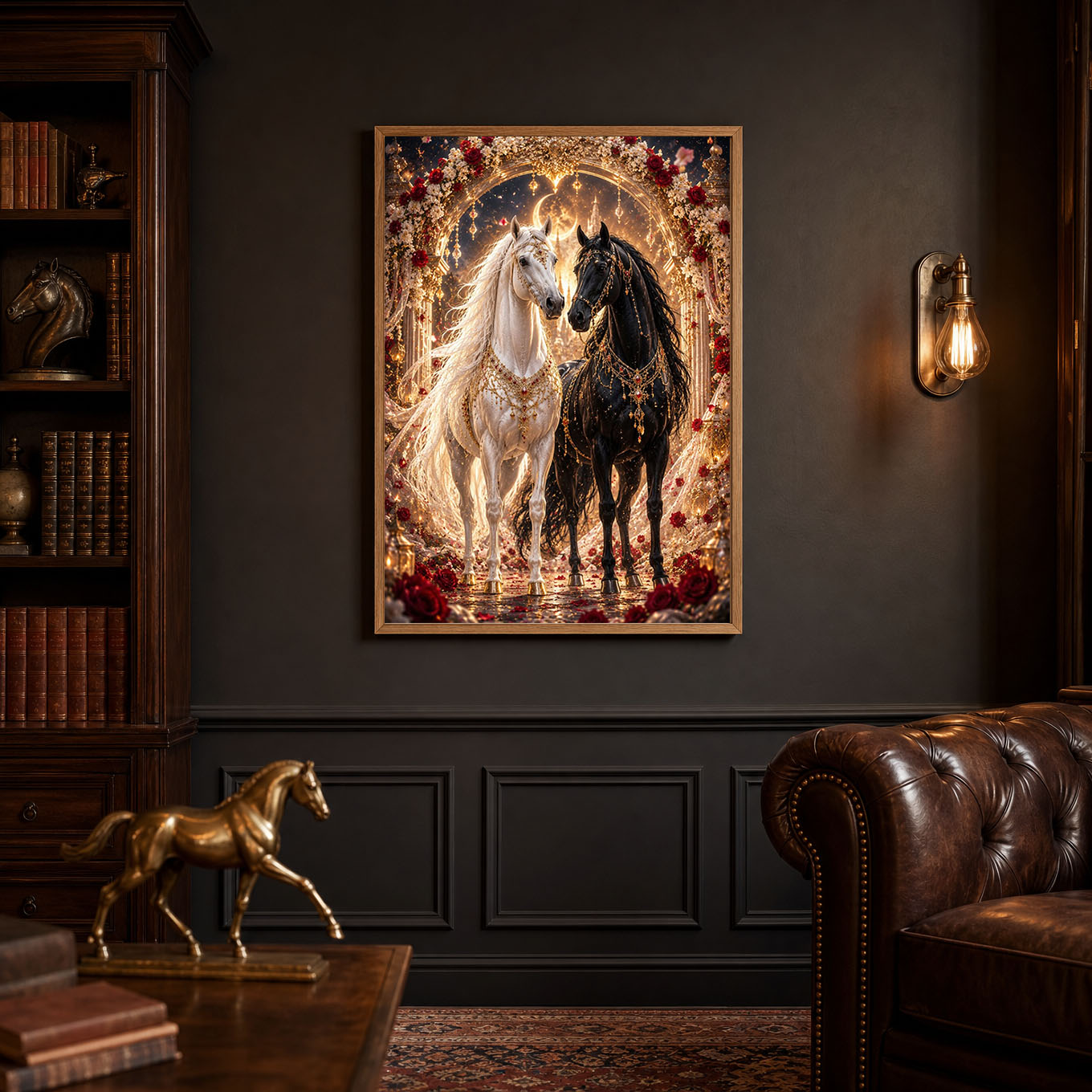 Royal Black and White Horses Golden Arch Poster Print