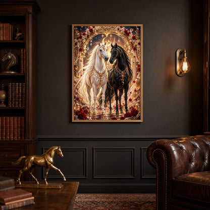 Royal Black and White Horses Golden Arch Poster Print