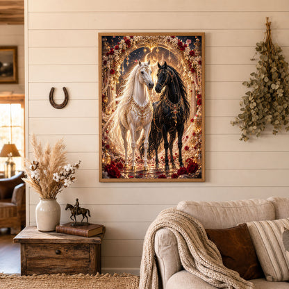 Royal Black and White Horses Golden Arch Poster Print