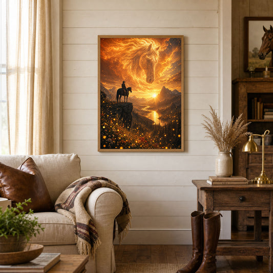 Spirit Horse Cowboy Mountain Sunset Poster Print