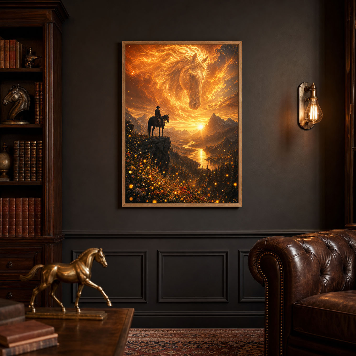 Spirit Horse Cowboy Mountain Sunset Poster Print
