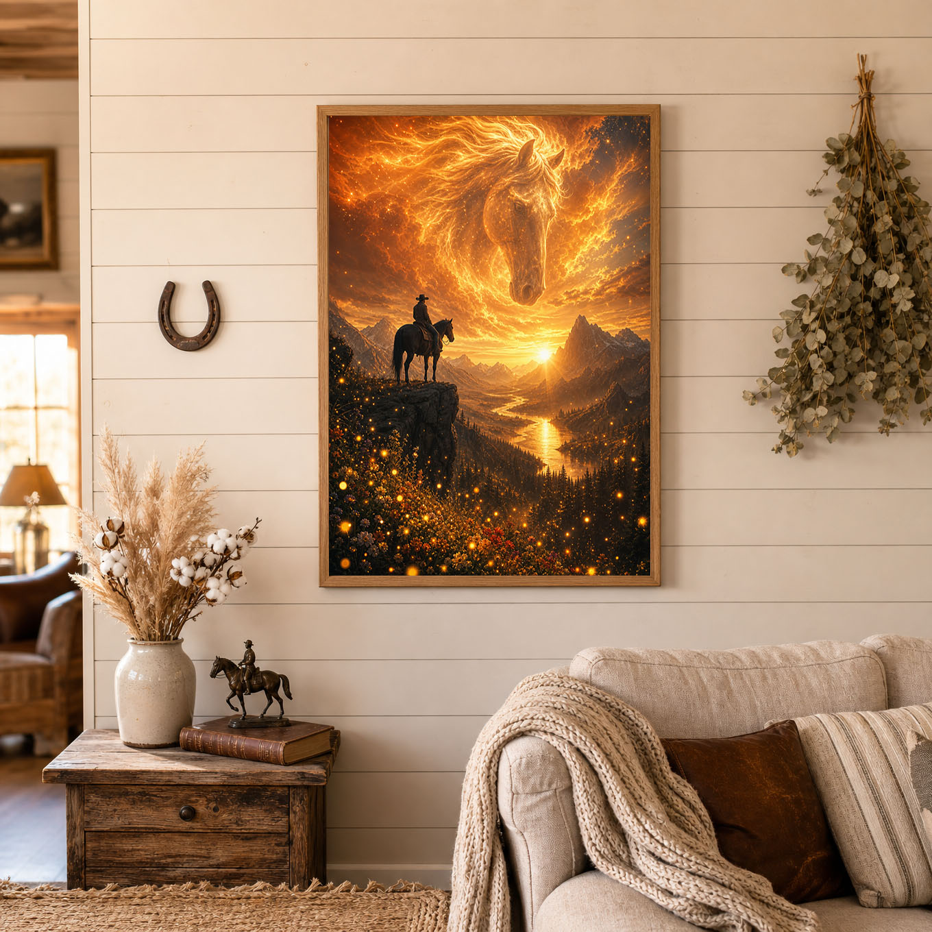 Spirit Horse Cowboy Mountain Sunset Poster Print