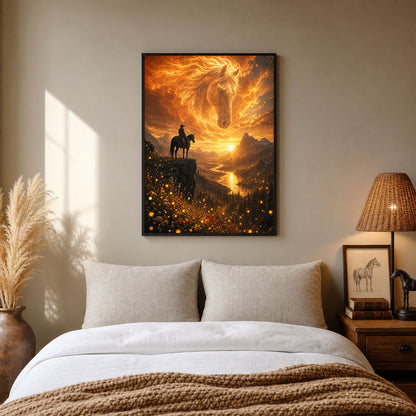 Spirit Horse Cowboy Mountain Sunset Poster Print
