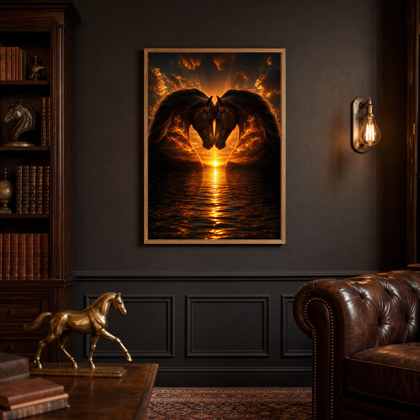 Twin Horses Heart Silhouette Sunset Poster Print