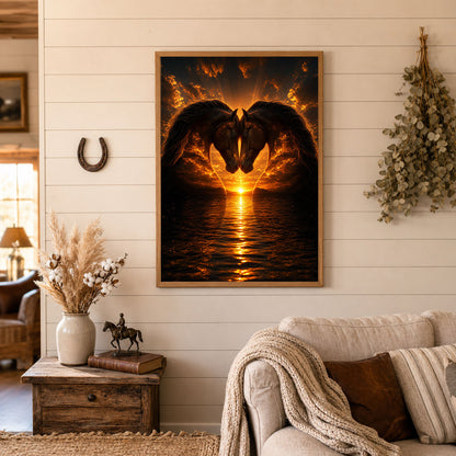 Twin Horses Heart Silhouette Sunset Poster Print