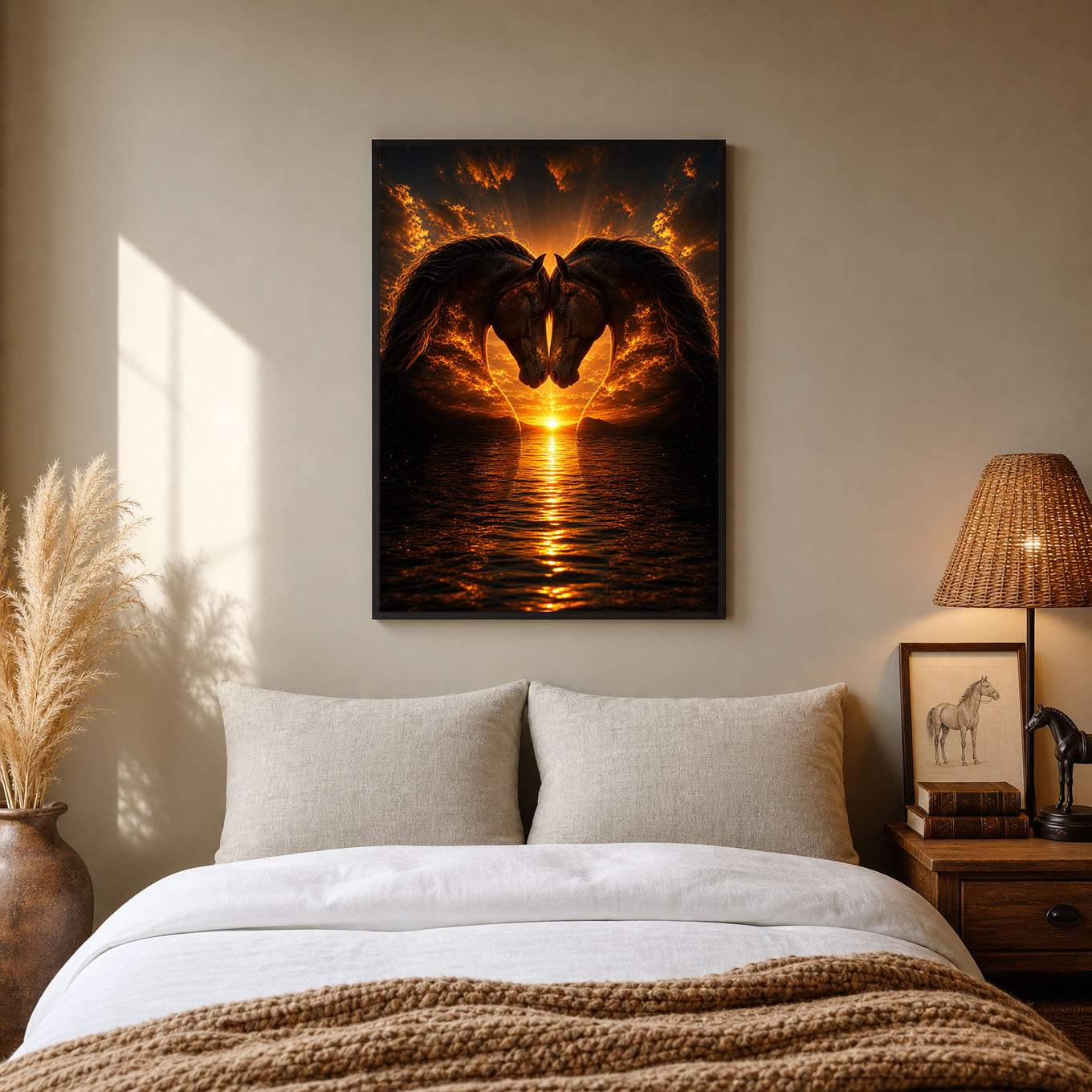 Twin Horses Heart Silhouette Sunset Poster Print