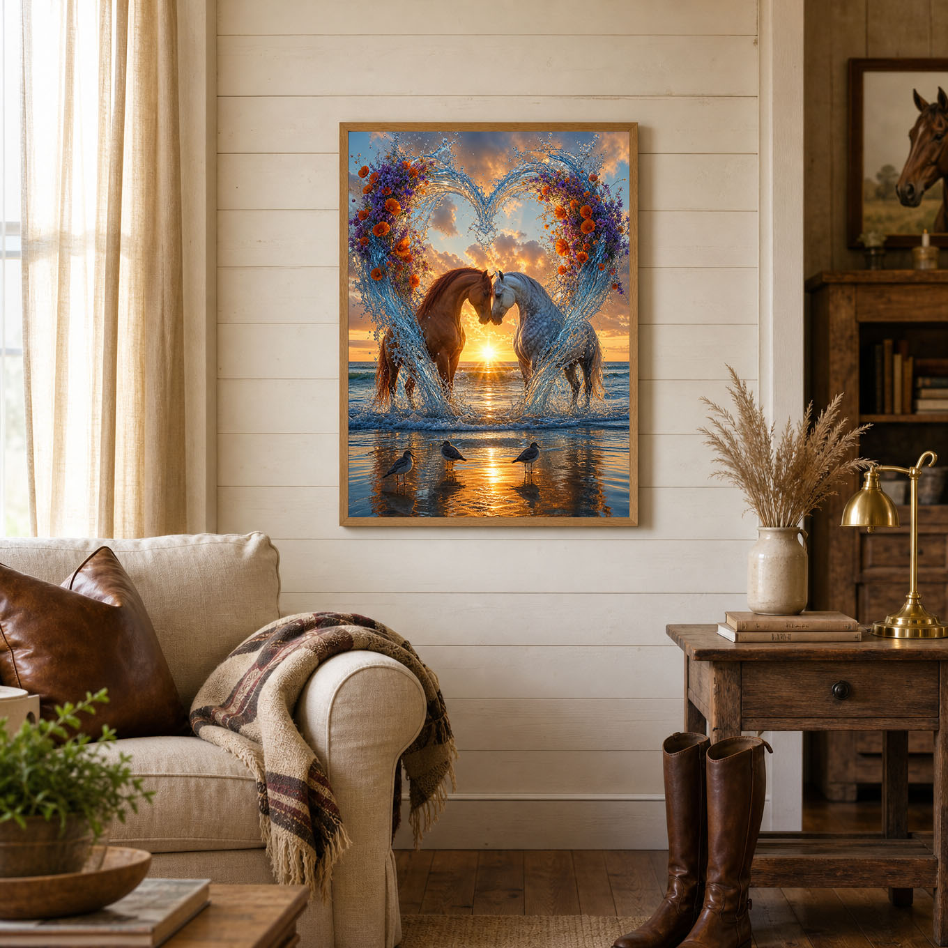 Two Horses Water Heart Beach Sunset Poster Print