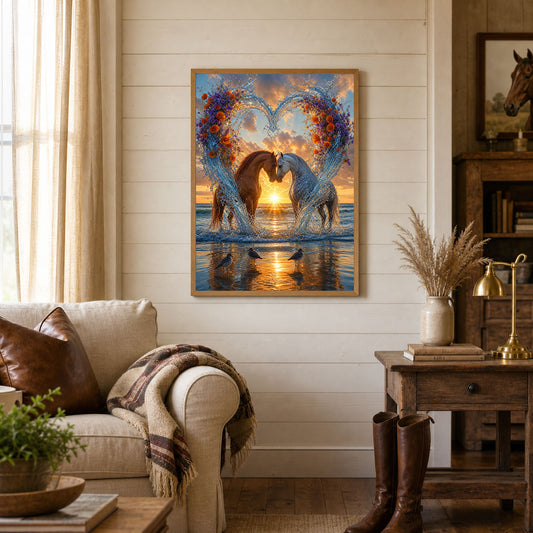 Two Horses Water Heart Beach Sunset Poster Print