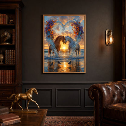 Two Horses Water Heart Beach Sunset Poster Print