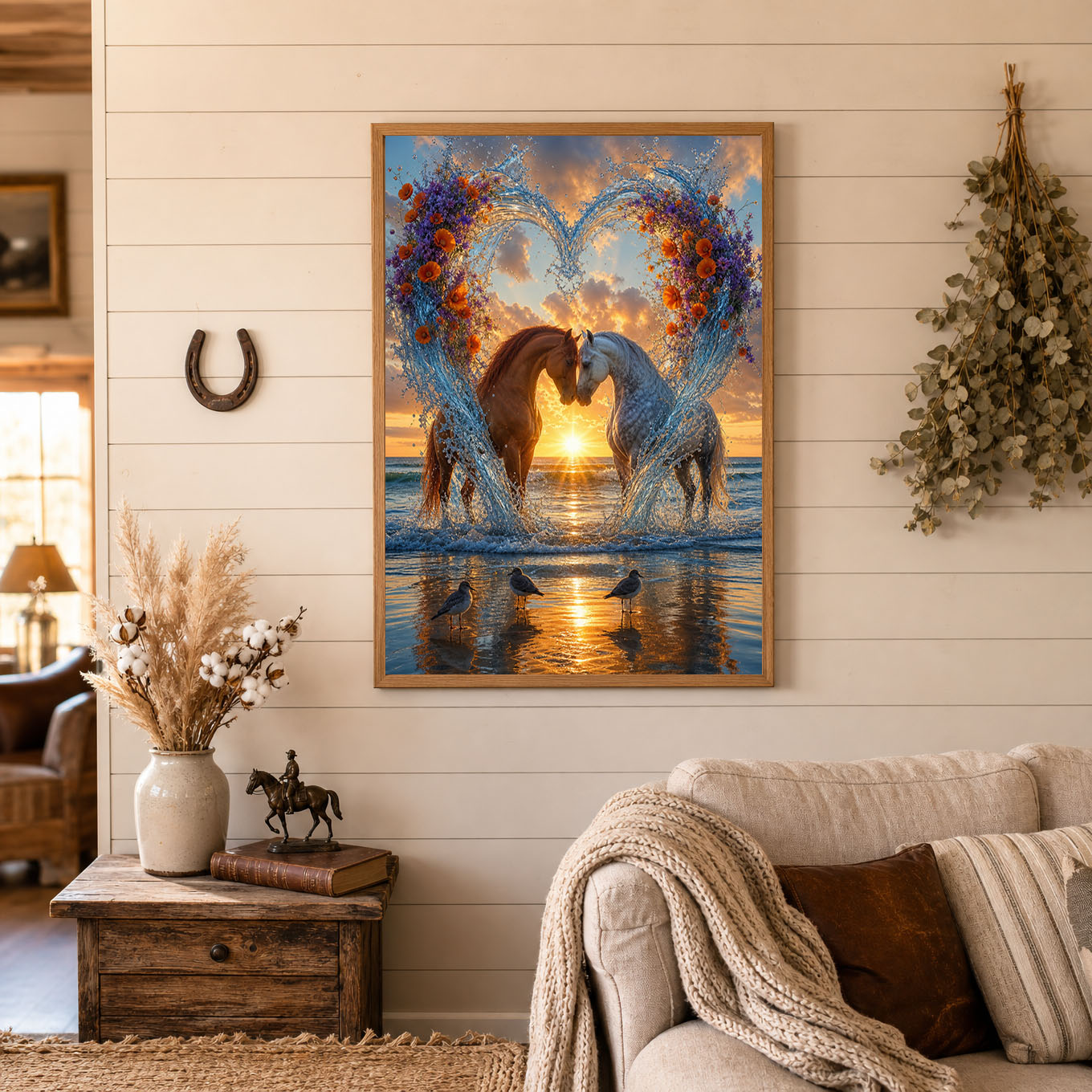 Two Horses Water Heart Beach Sunset Poster Print