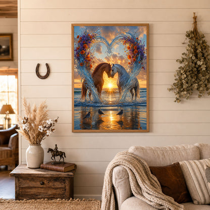 Two Horses Water Heart Beach Sunset Poster Print
