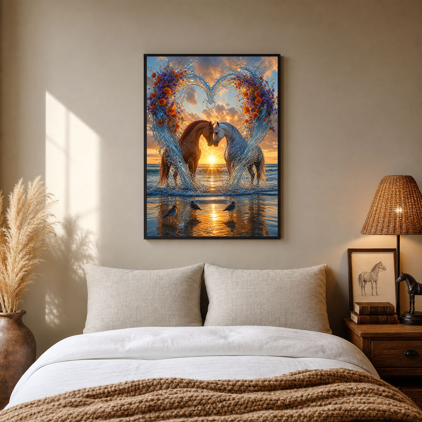 Two Horses Water Heart Beach Sunset Poster Print