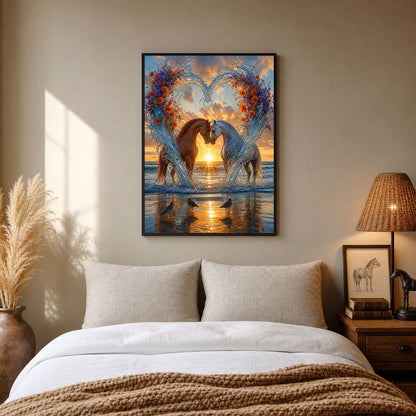 Two Horses Water Heart Beach Sunset Poster Print
