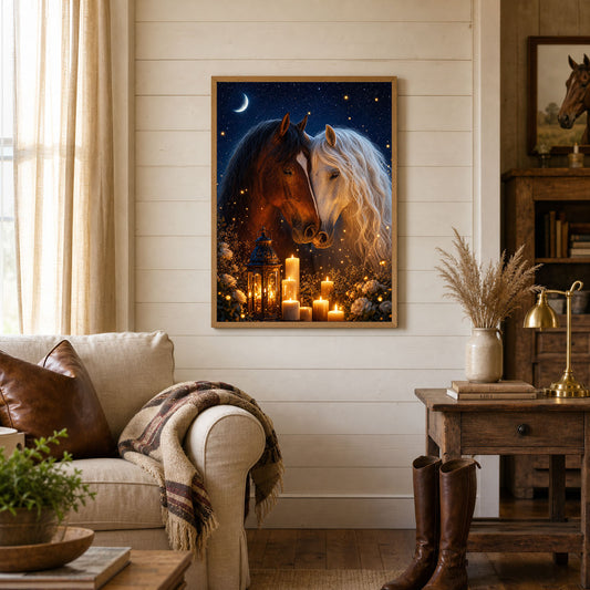 Two Horses in Love Candlelight Moonlit Poster Print