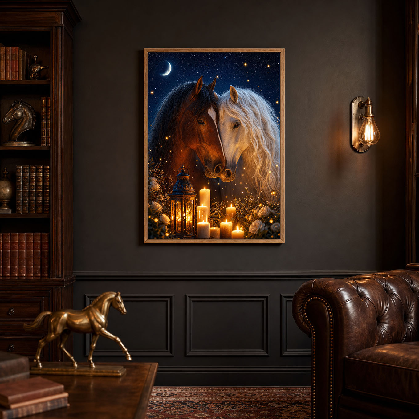 Two Horses in Love Candlelight Moonlit Poster Print