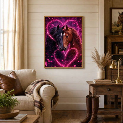 Two Horses in Love Glowing Hearts Poster Print