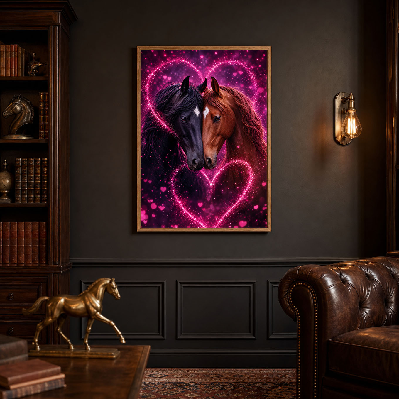 Two Horses in Love Glowing Hearts Poster Print