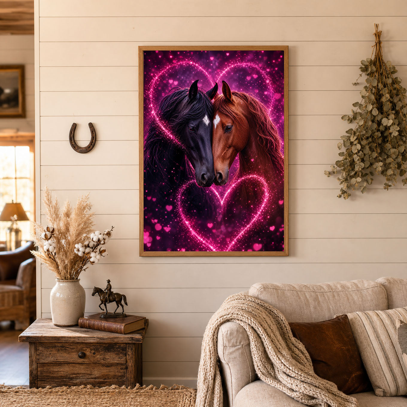 Two Horses in Love Glowing Hearts Poster Print