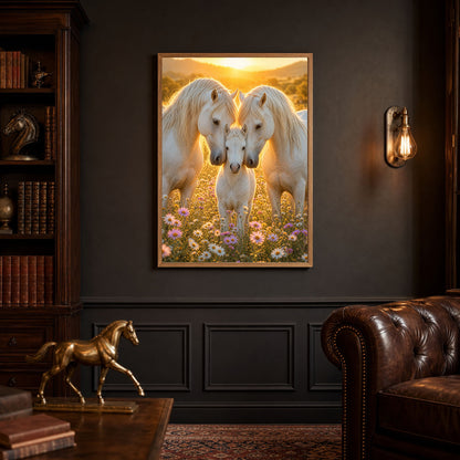 White Horse Family with Foal Flower Field Poster Print