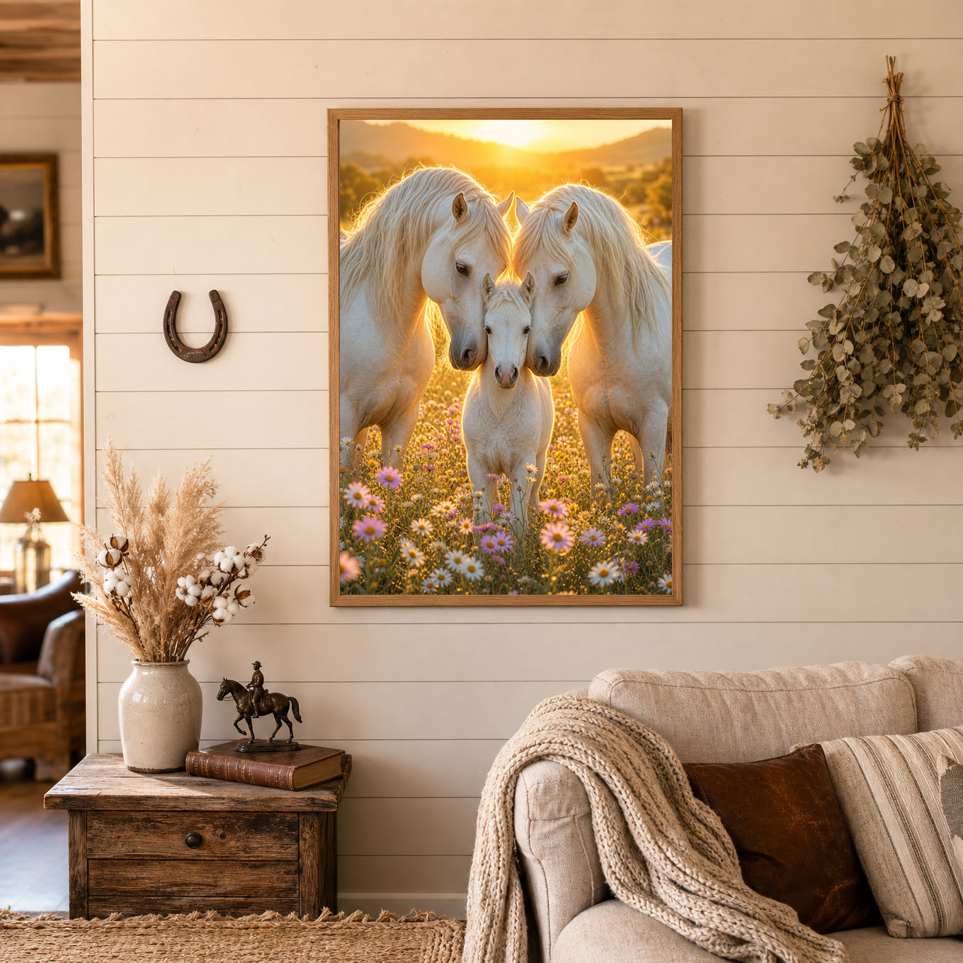 White Horse Family with Foal Flower Field Poster Print
