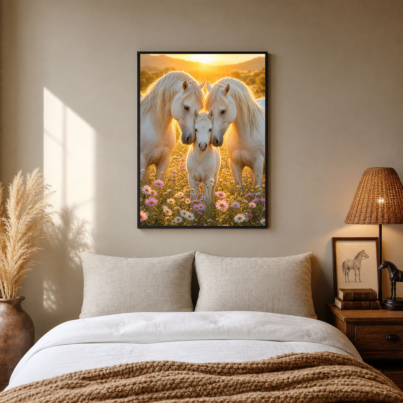 White Horse Family with Foal Flower Field Poster Print