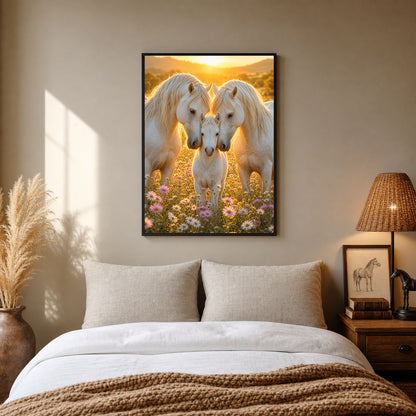 White Horse Family with Foal Flower Field Poster Print