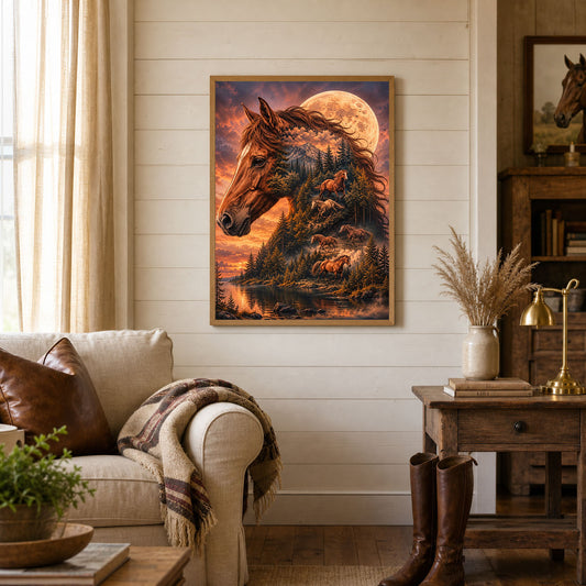 Wild Horses Double Exposure Mountain Moon Poster Print