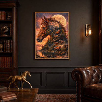 Wild Horses Double Exposure Mountain Moon Poster Print