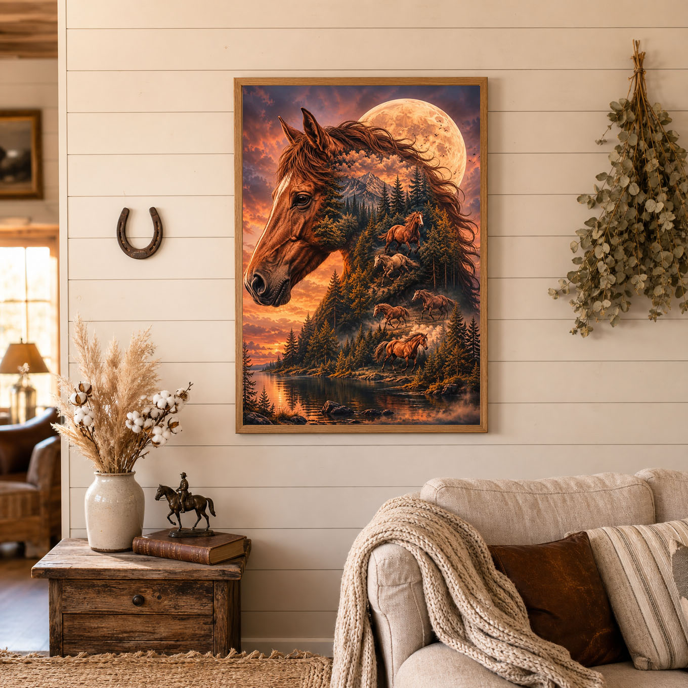Wild Horses Double Exposure Mountain Moon Poster Print