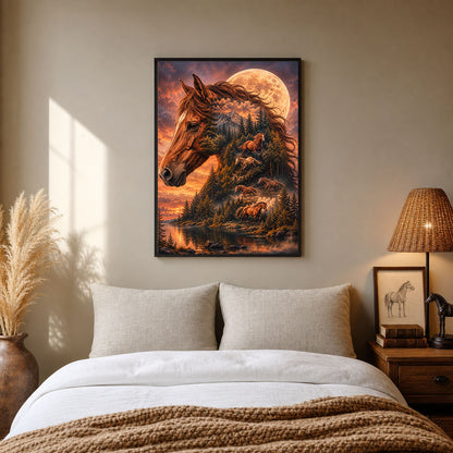 Wild Horses Double Exposure Mountain Moon Poster Print